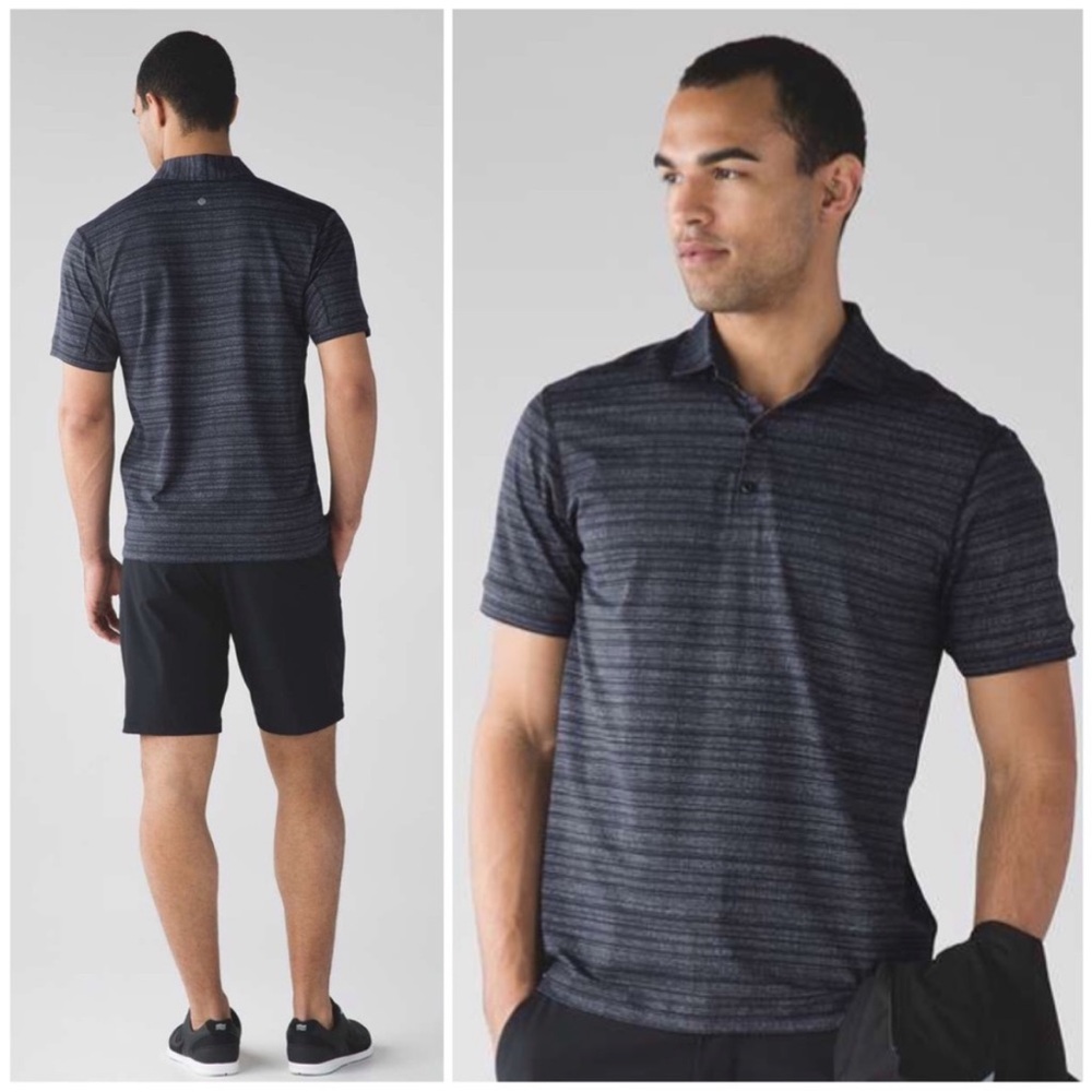 Lululemon Propel Polo Short Sleeve Shirt Cut Back Stripe White Linen Black Sz L